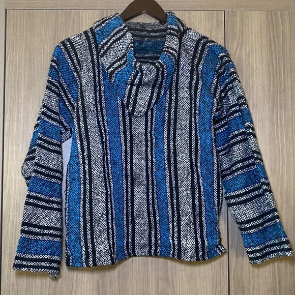 Baja Hoodie Pullover Artesanias Tlaxcaltecas Stripe Blue Black Boho Indie Mexico - Picture 3 of 5